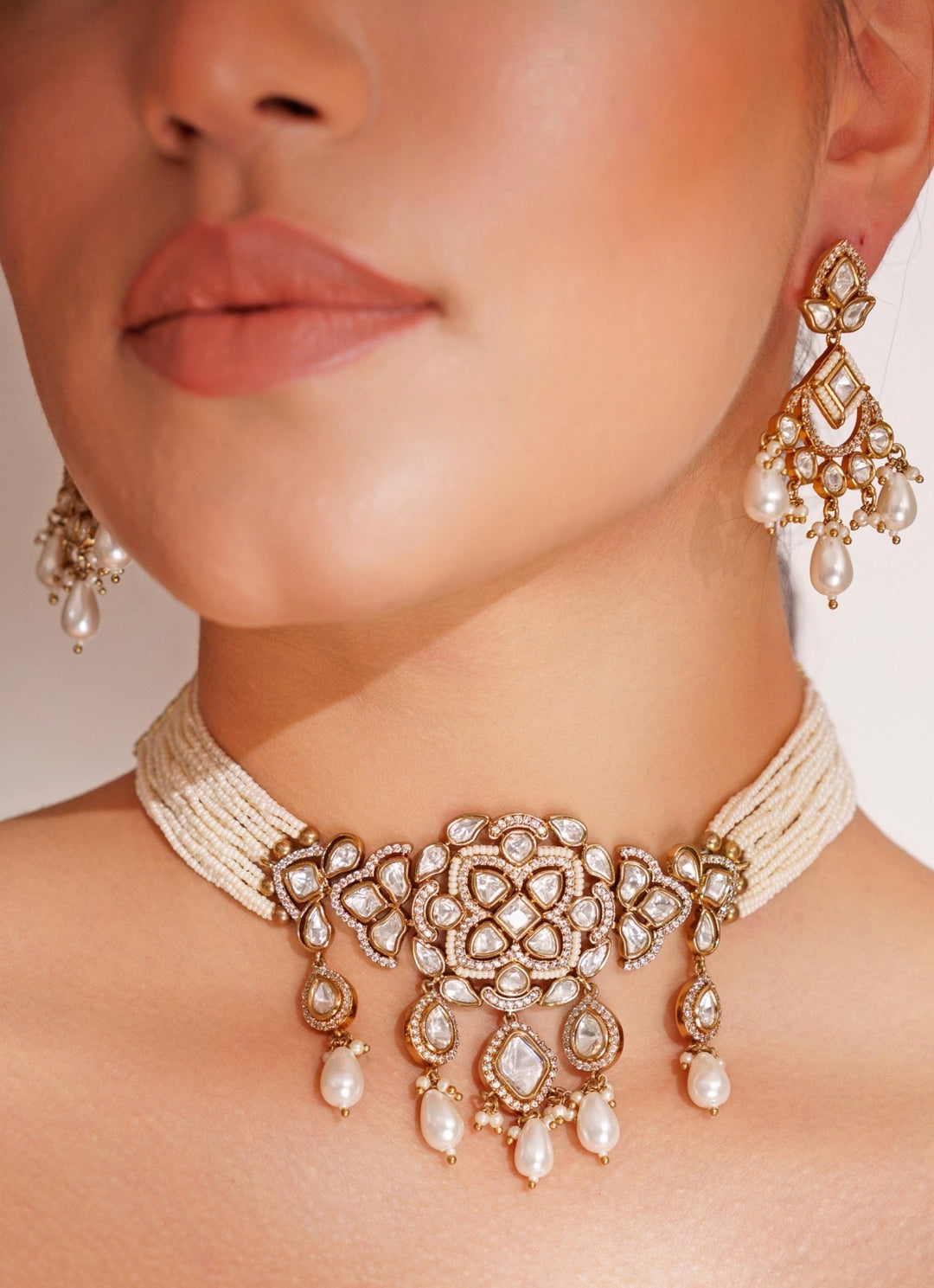 Two Tone Finish Kundan Choker Set With White Beads Zevar by Geeta - Fabilicious Fashion
