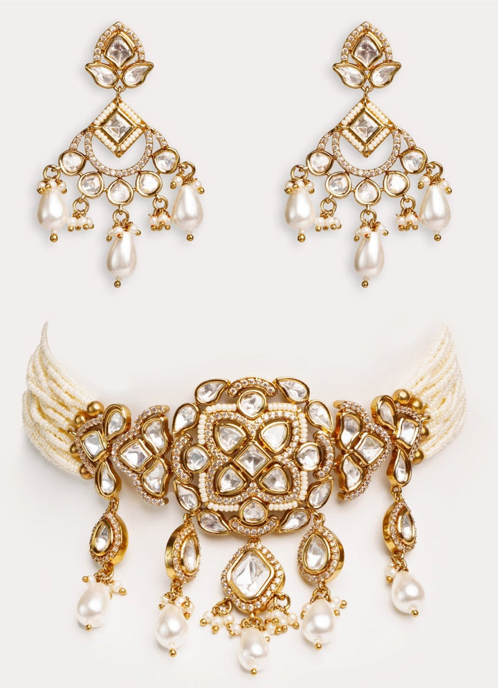 Two Tone Finish Kundan Choker Set With White Beads Zevar by Geeta - Fabilicious Fashion
