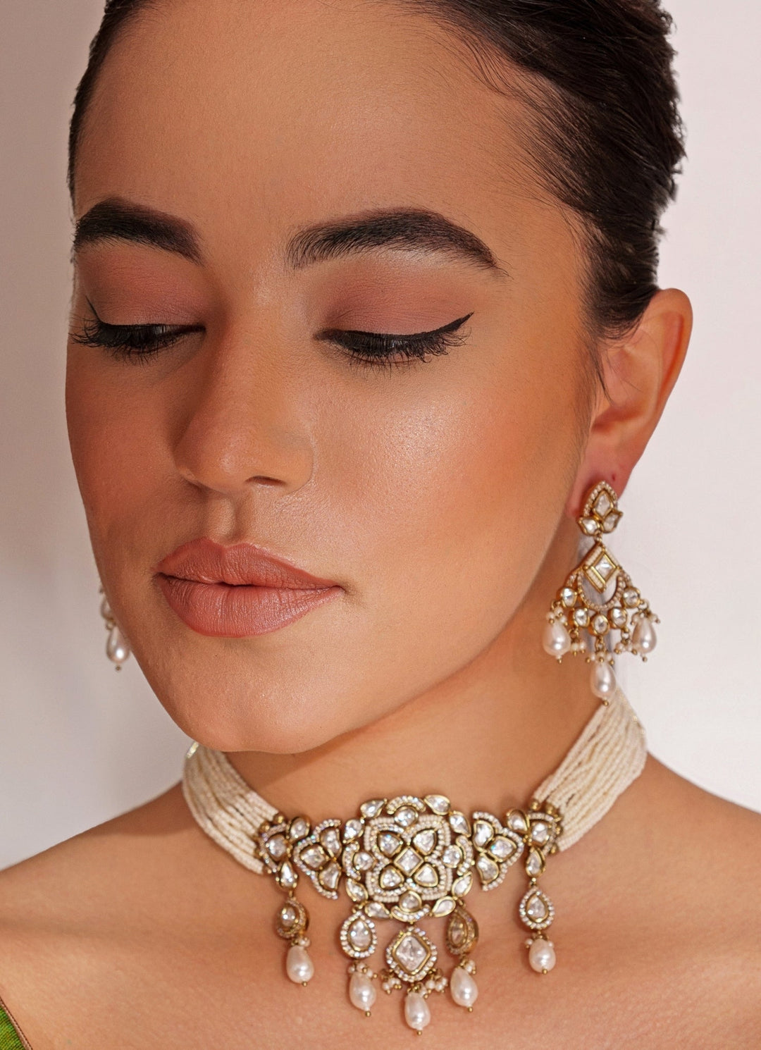 Two Tone Finish Kundan Choker Set With White Beads Zevar by Geeta - Fabilicious Fashion