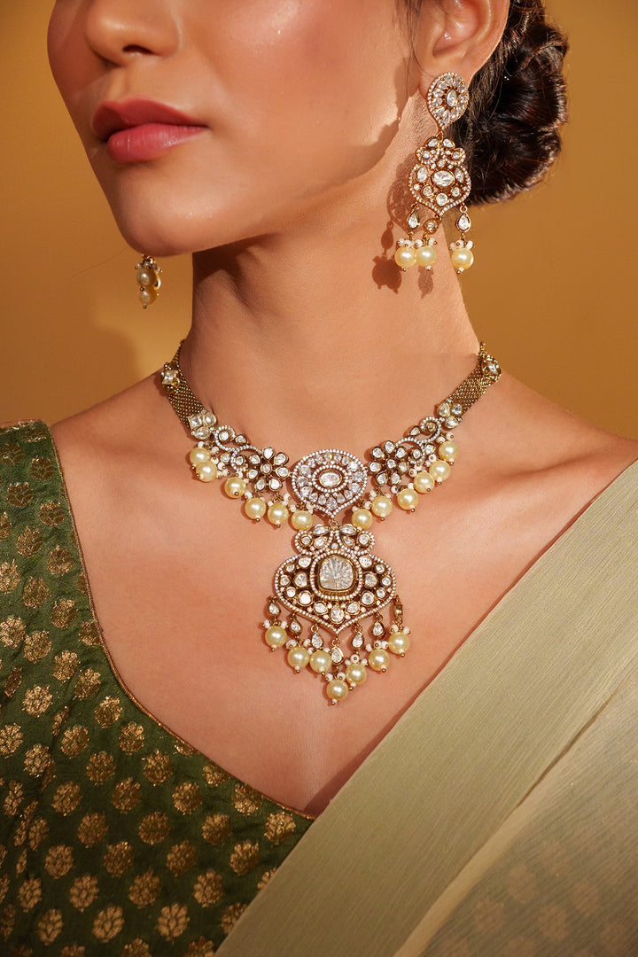 Two Tone Finish Kundan Polki And Pearl Necklace Set Zevar by Geeta - Fabilicious Fashion
