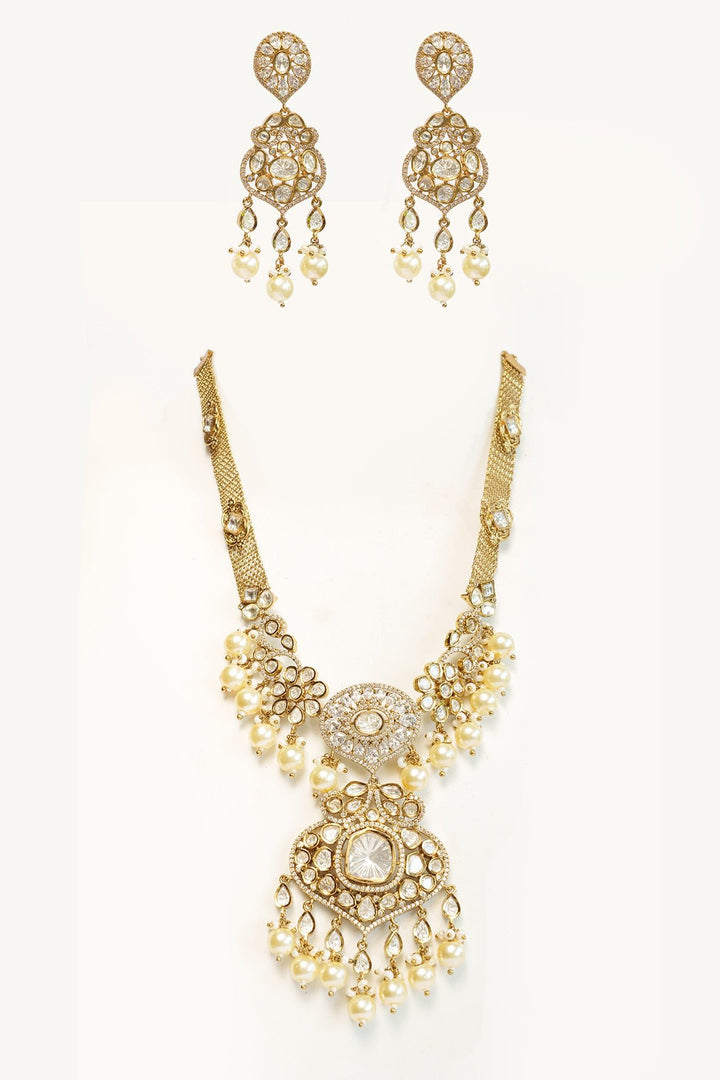 Two Tone Finish Kundan Polki And Pearl Necklace Set Zevar by Geeta - Fabilicious Fashion