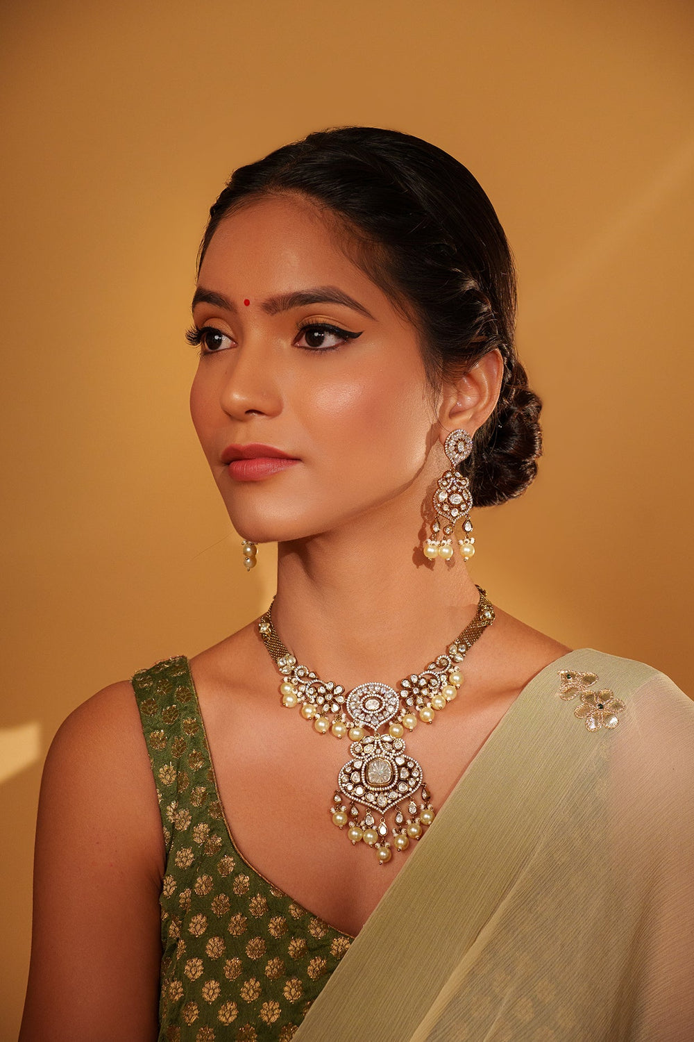 Two Tone Finish Kundan Polki And Pearl Necklace Set Zevar by Geeta - Fabilicious Fashion
