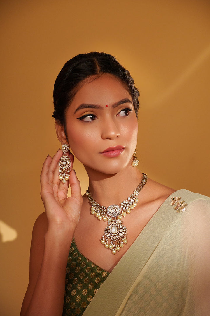 Two Tone Finish Kundan Polki And Pearl Necklace Set Zevar by Geeta - Fabilicious Fashion