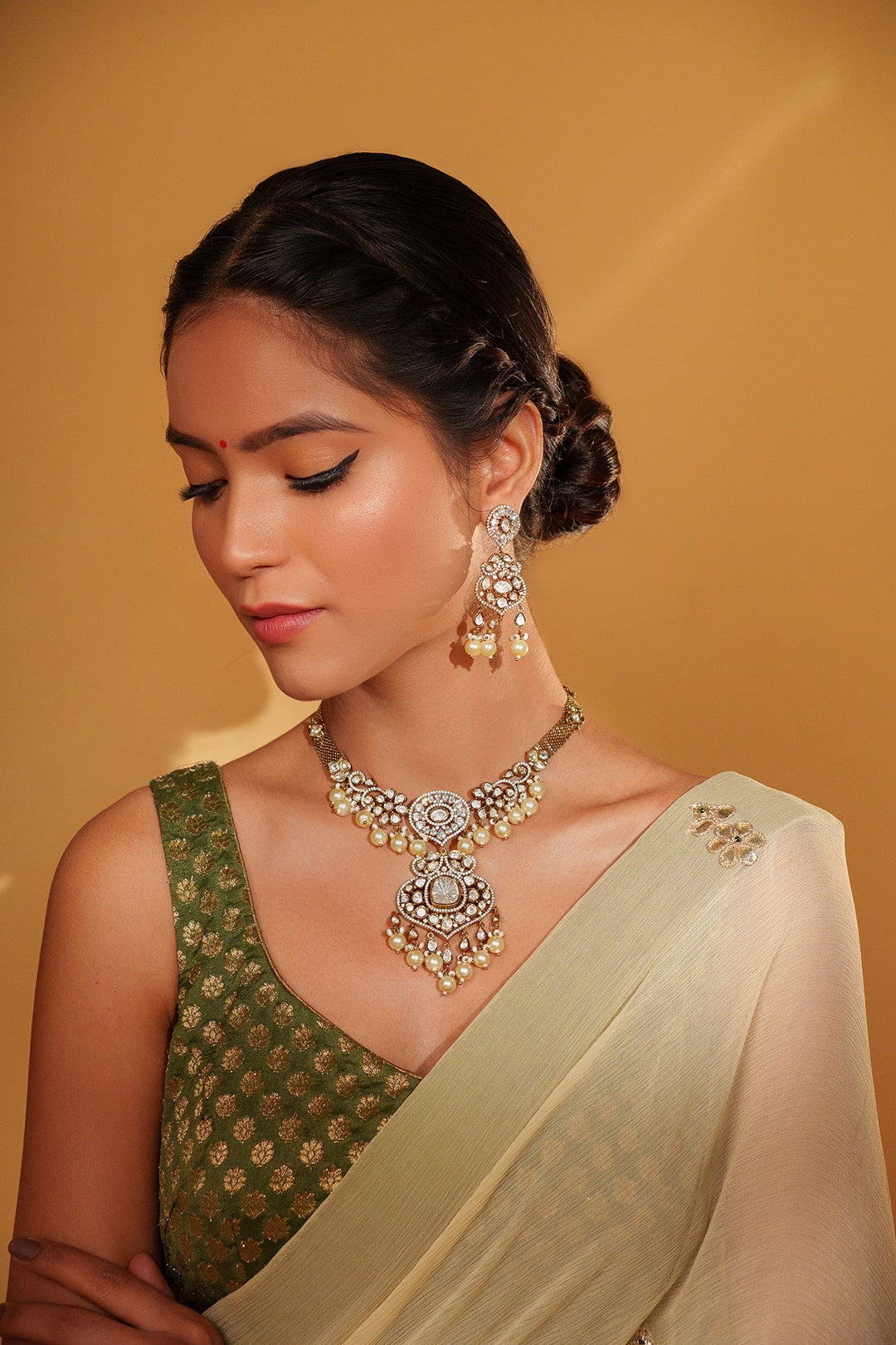 Two Tone Finish Kundan Polki And Pearl Necklace Set Zevar by Geeta - Fabilicious Fashion