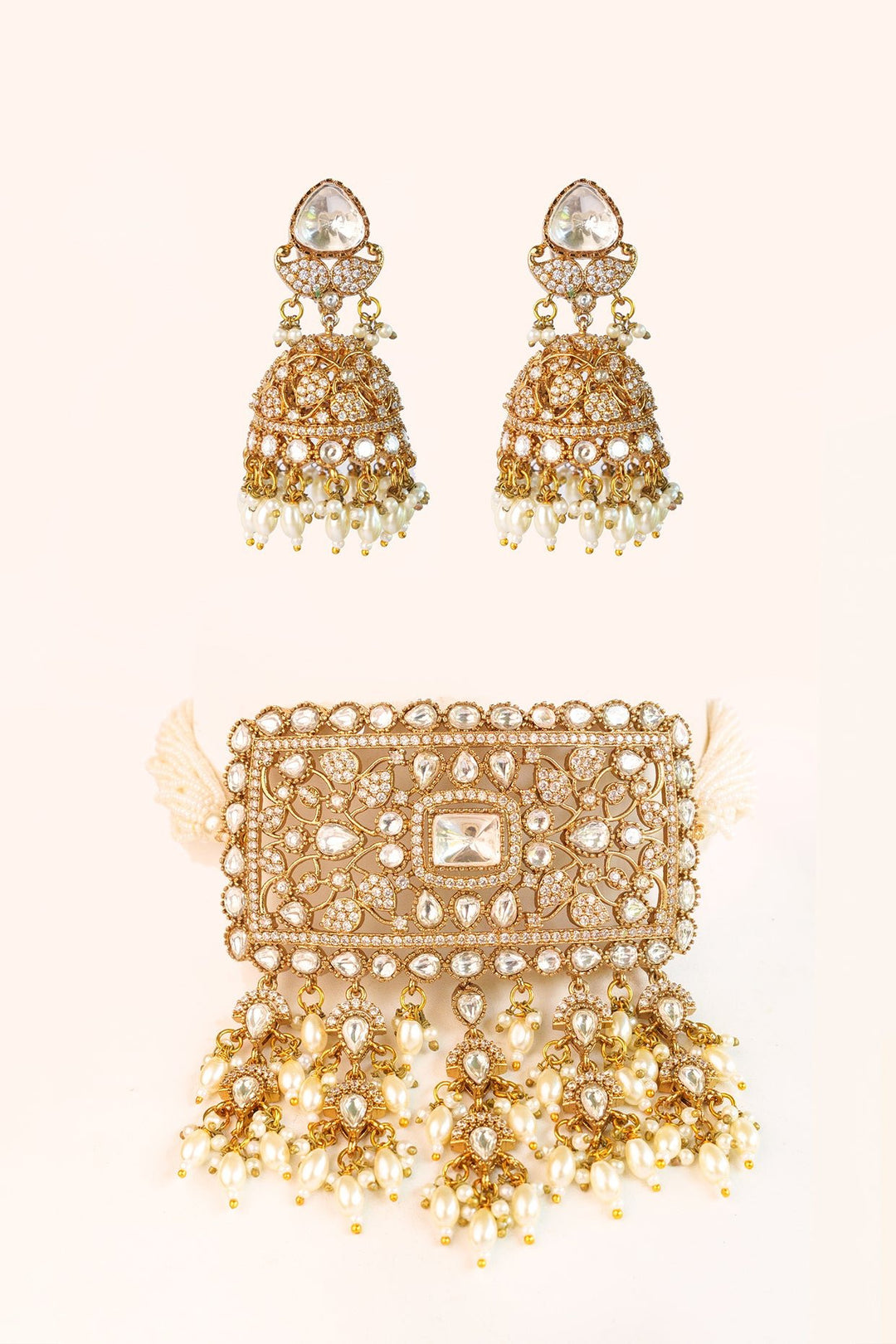 Two Tone Finish Kundan Polki Choker With Jhumka Earrings Zevar by Geeta - Fabilicious Fashion