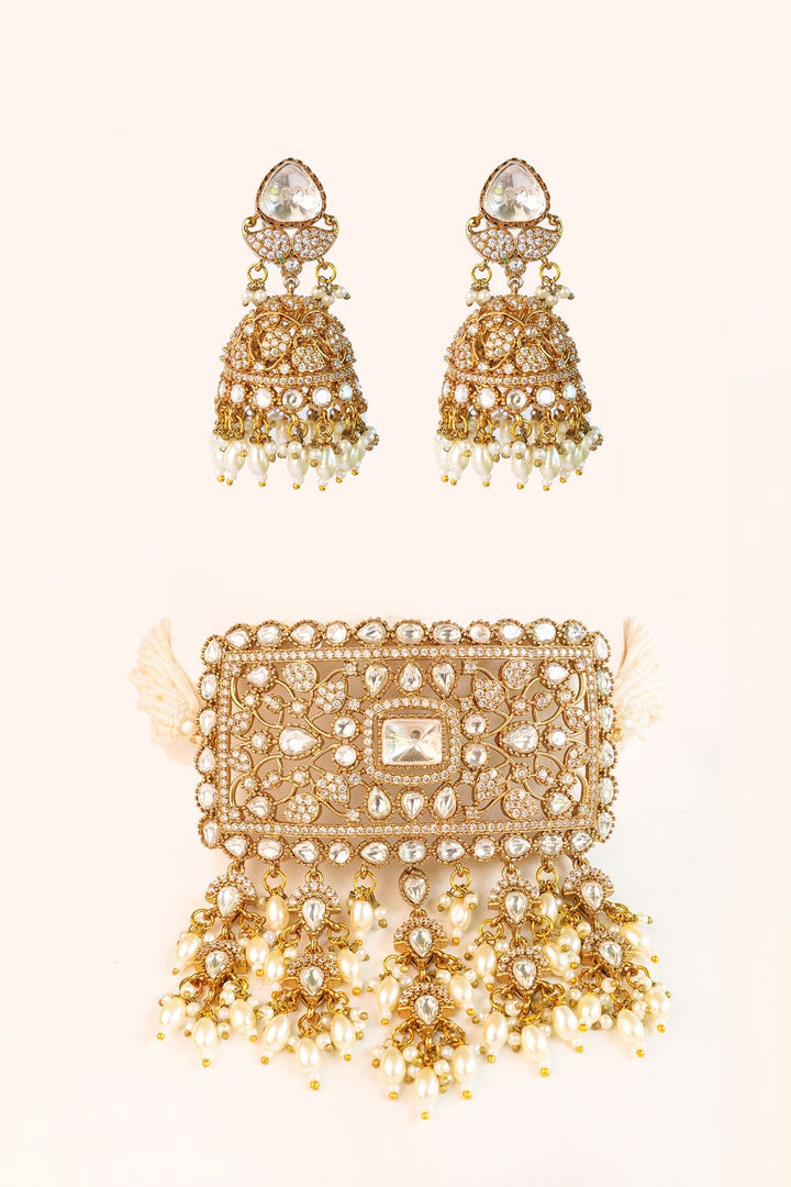 Two Tone Finish Kundan Polki Choker With Jhumka Earrings Zevar by Geeta - Fabilicious Fashion