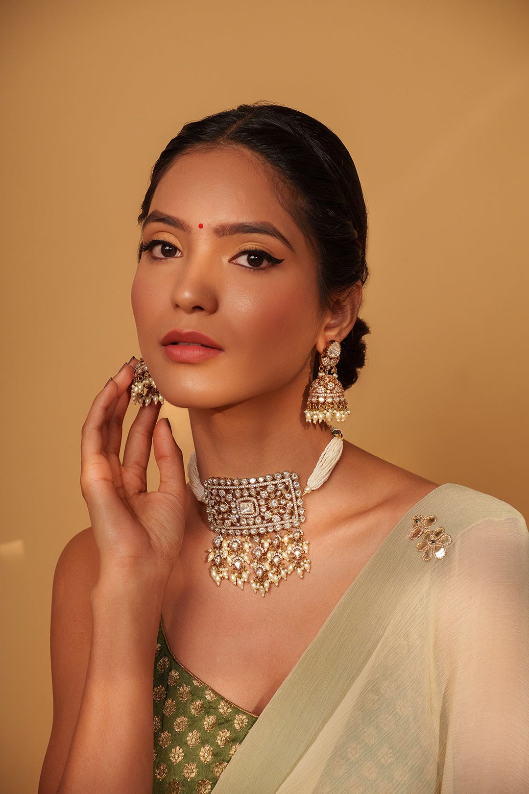 Two Tone Finish Kundan Polki Choker With Jhumka Earrings Zevar by Geeta - Fabilicious Fashion