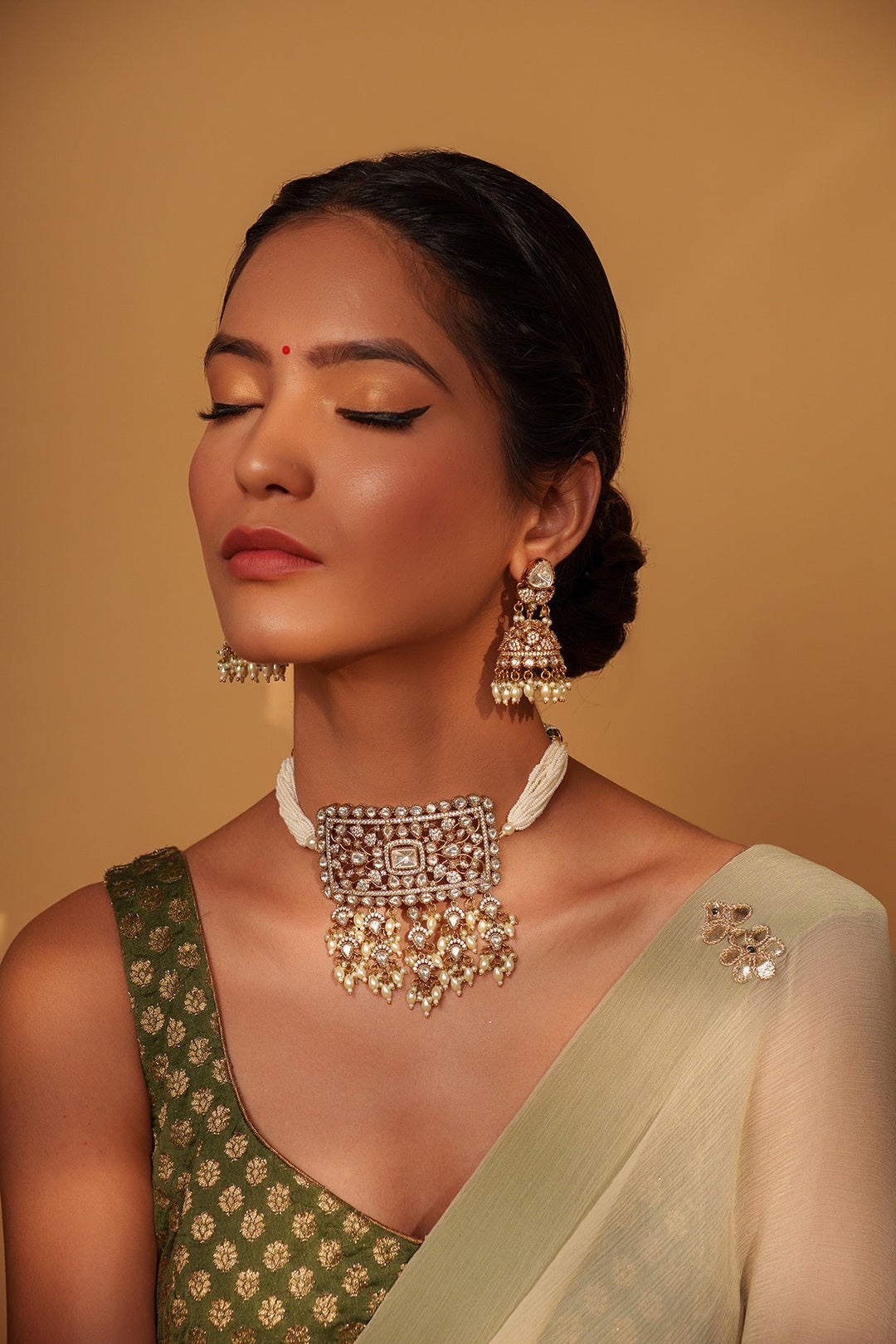Two Tone Finish Kundan Polki Choker With Jhumka Earrings Zevar by Geeta - Fabilicious Fashion
