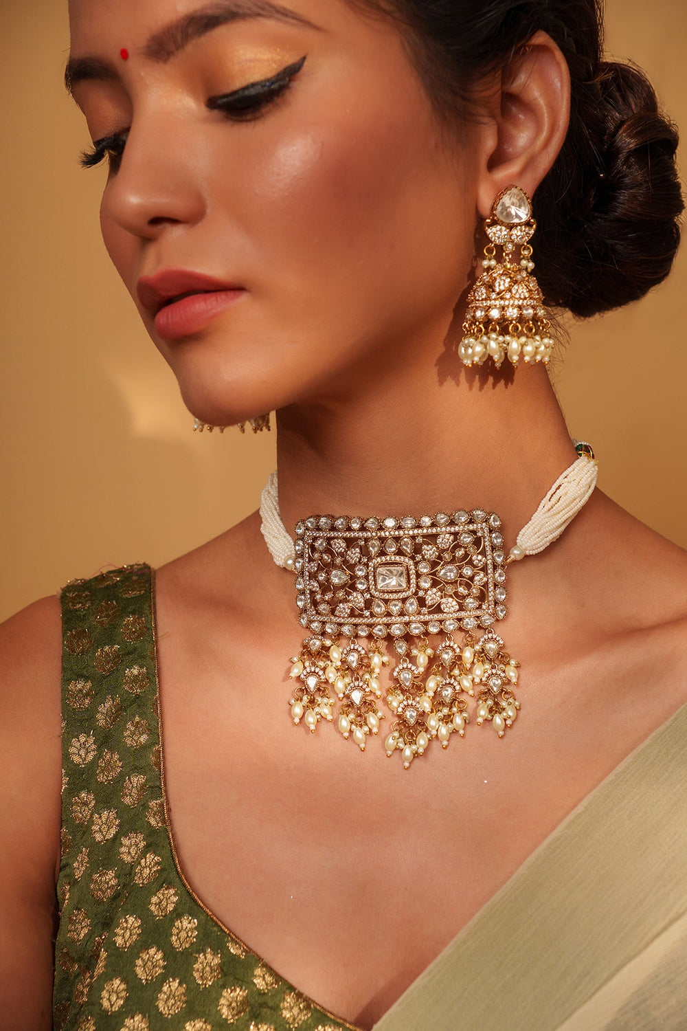 Two Tone Finish Kundan Polki Choker With Jhumka Earrings Zevar by Geeta - Fabilicious Fashion