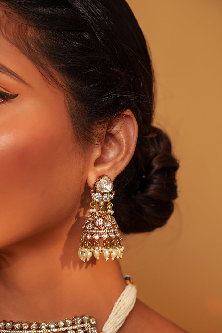 Two Tone Finish Kundan Polki Choker With Jhumka Earrings Zevar by Geeta - Fabilicious Fashion