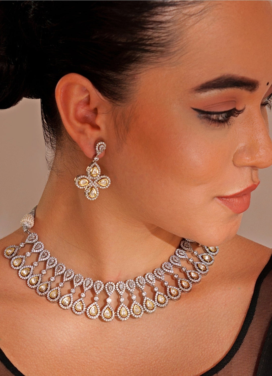 Two Tone Finish Kundan Polki Drop Shaped Necklace Set Zevar by Geeta - Fabilicious Fashion