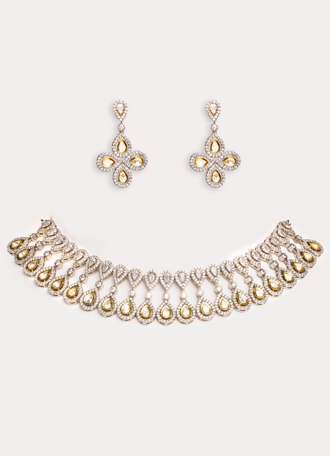 Two Tone Finish Kundan Polki Drop Shaped Necklace Set Zevar by Geeta - Fabilicious Fashion