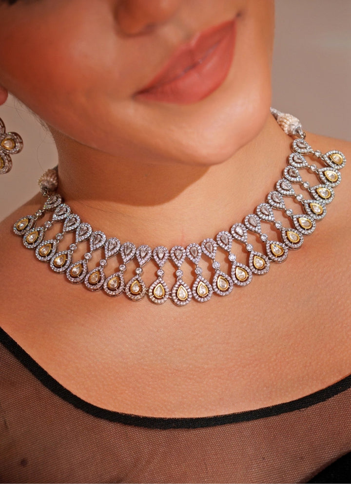 Two Tone Finish Kundan Polki Drop Shaped Necklace Set Zevar by Geeta - Fabilicious Fashion