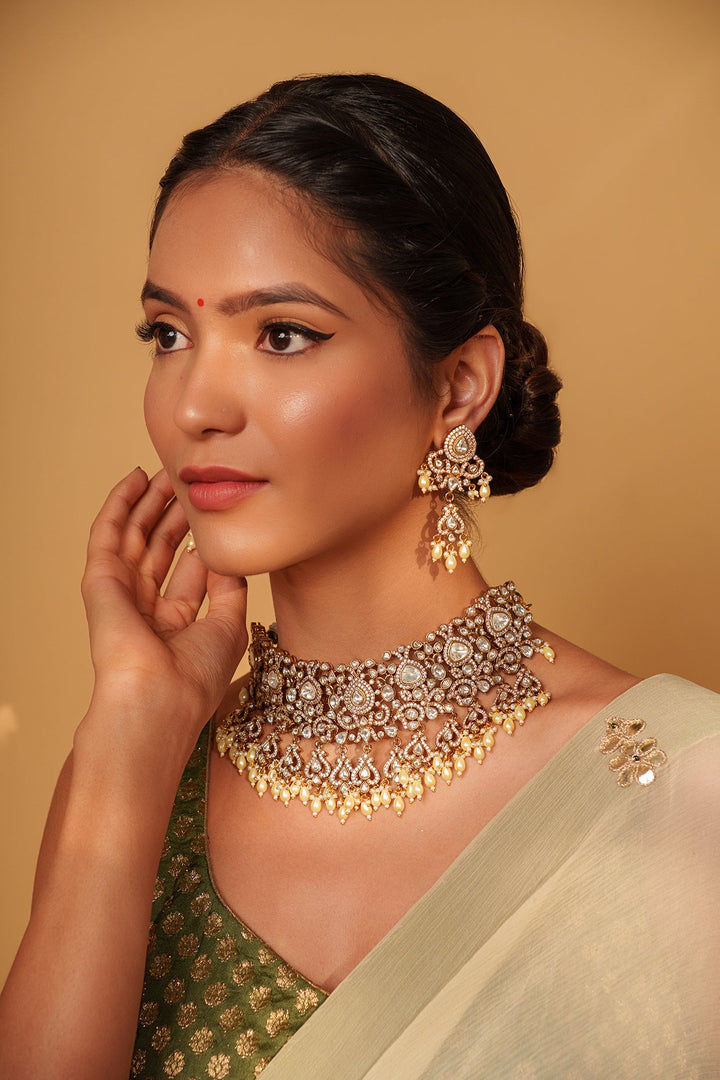 Two Tone Finish Kundan Polki Necklace Set With Pearl Drop Zevar by Geeta - Fabilicious Fashion