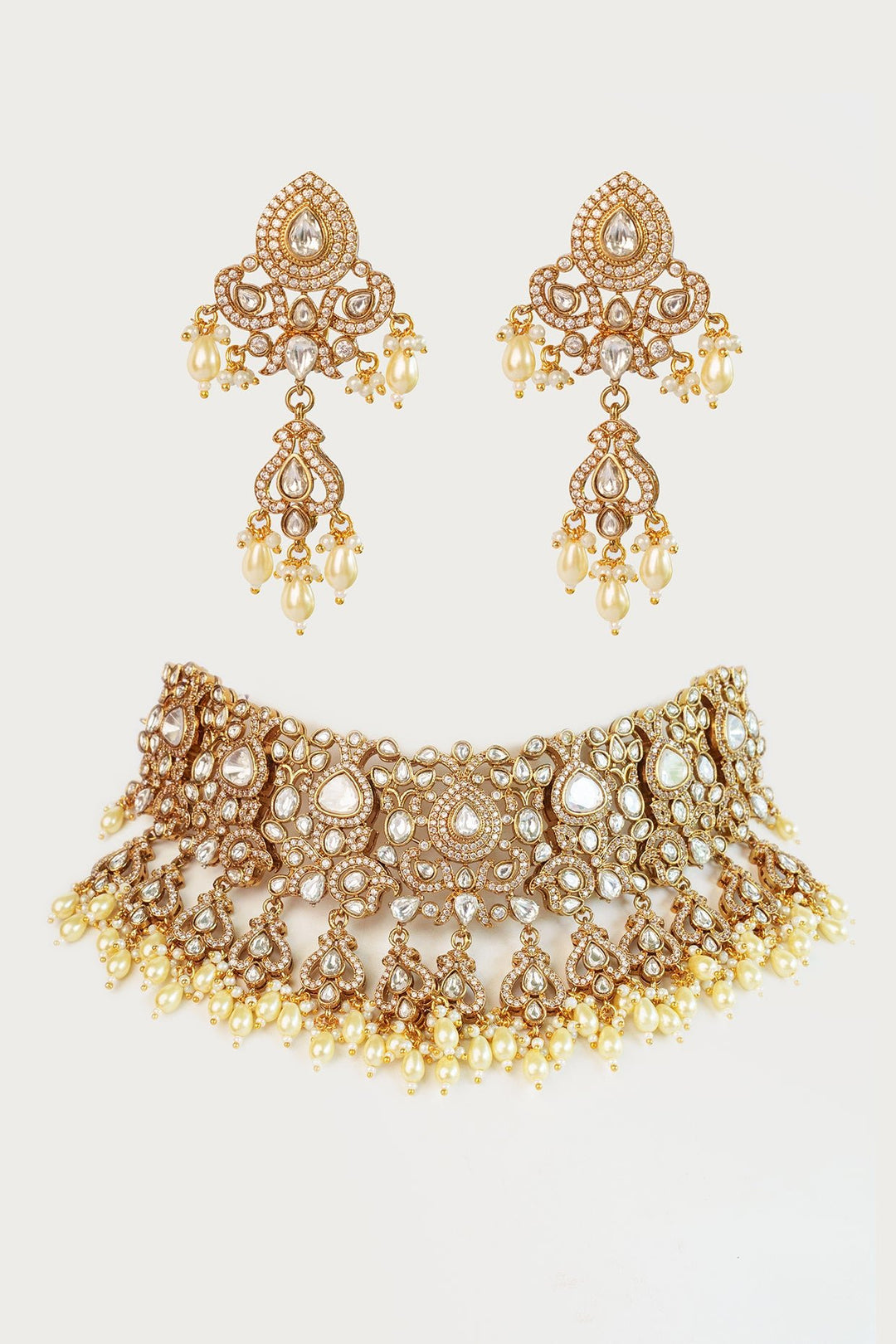 Two Tone Finish Kundan Polki Necklace Set With Pearl Drop Zevar by Geeta - Fabilicious Fashion