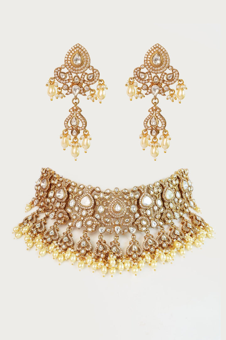 Two Tone Finish Kundan Polki Necklace Set With Pearl Drop Zevar by Geeta - Fabilicious Fashion