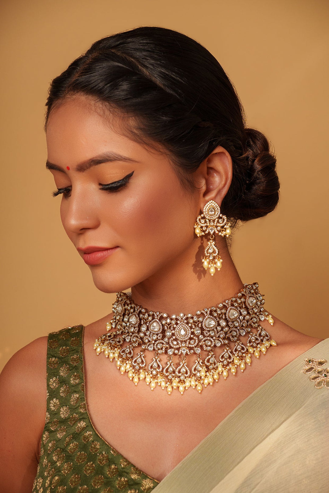 Two Tone Finish Kundan Polki Necklace Set With Pearl Drop Zevar by Geeta - Fabilicious Fashion