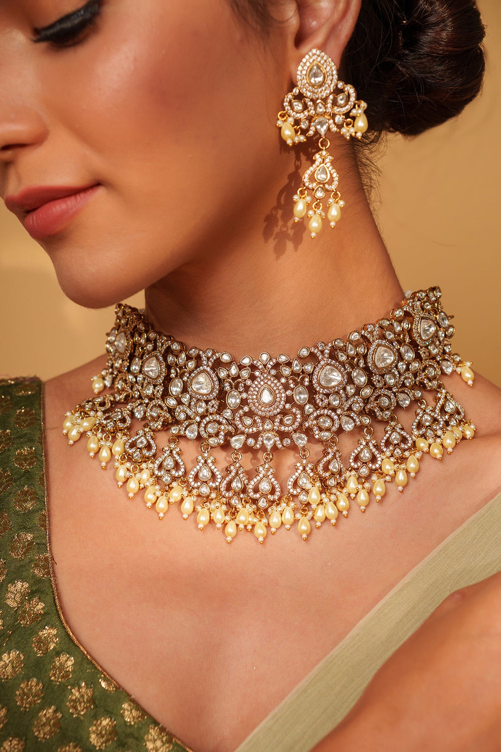 Two Tone Finish Kundan Polki Necklace Set With Pearl Drop Zevar by Geeta - Fabilicious Fashion
