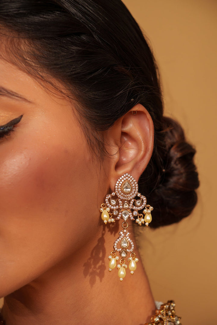 Two Tone Finish Kundan Polki Necklace Set With Pearl Drop Zevar by Geeta - Fabilicious Fashion