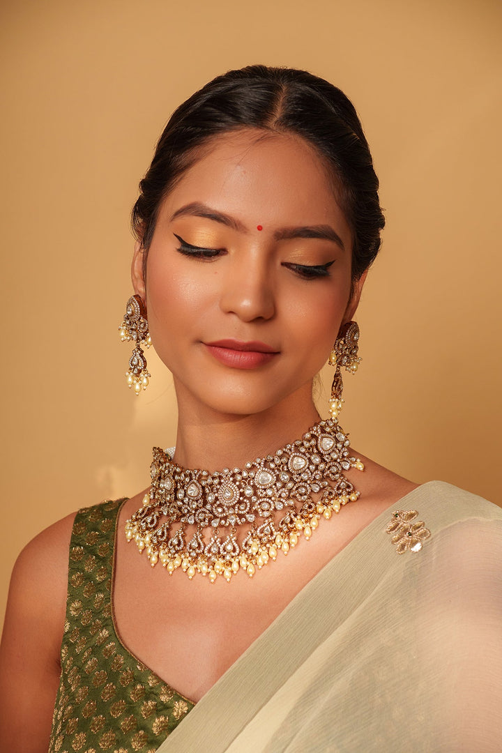Two Tone Finish Kundan Polki Necklace Set With Pearl Drop Zevar by Geeta - Fabilicious Fashion