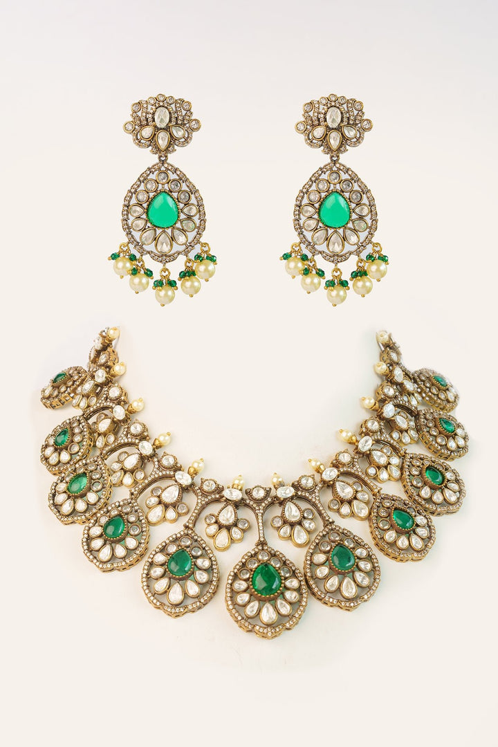Two Tone Finish Kundan Polki Necklace Set Zevar by Geeta - Fabilicious Fashion