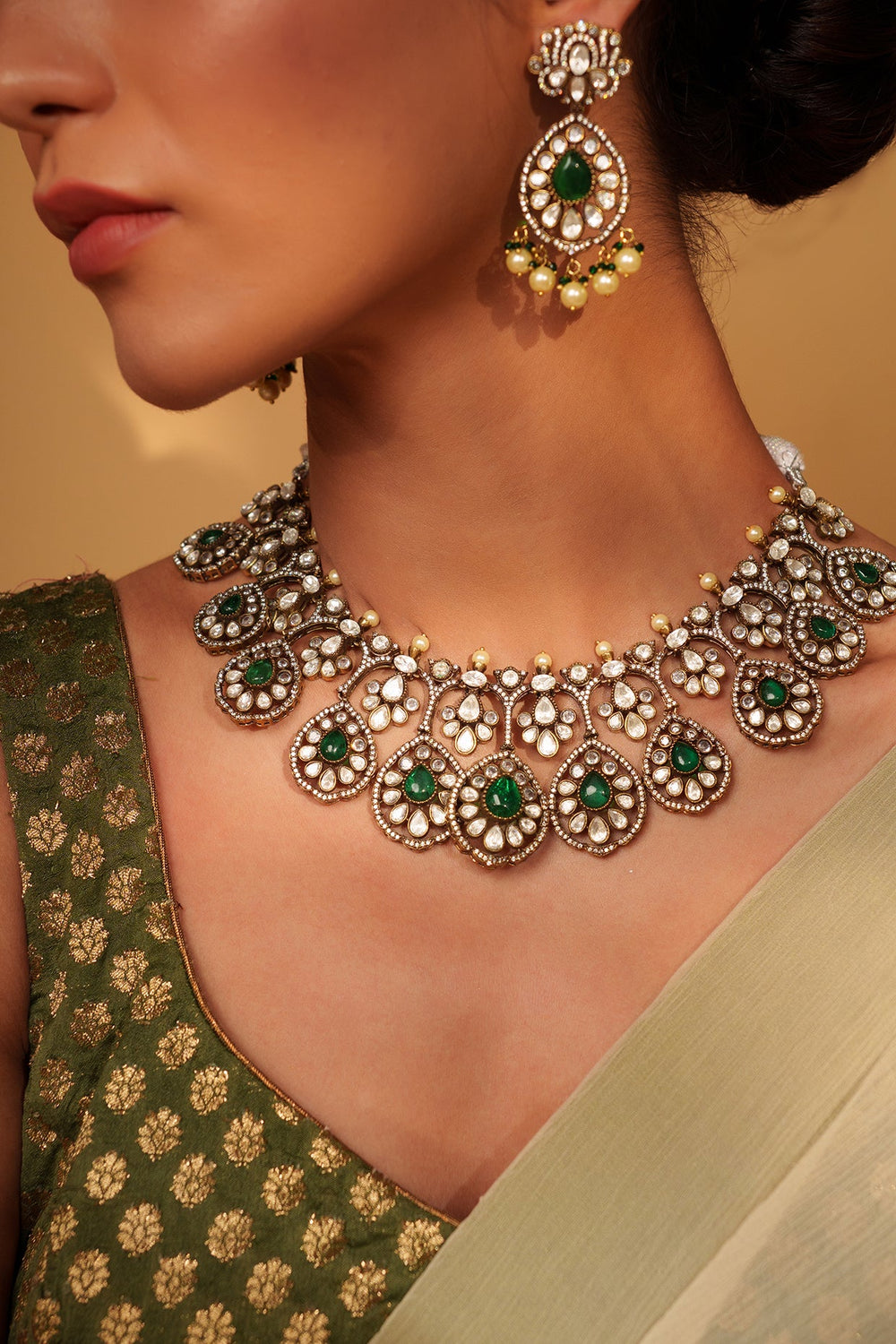 Two Tone Finish Kundan Polki Necklace Set Zevar by Geeta - Fabilicious Fashion