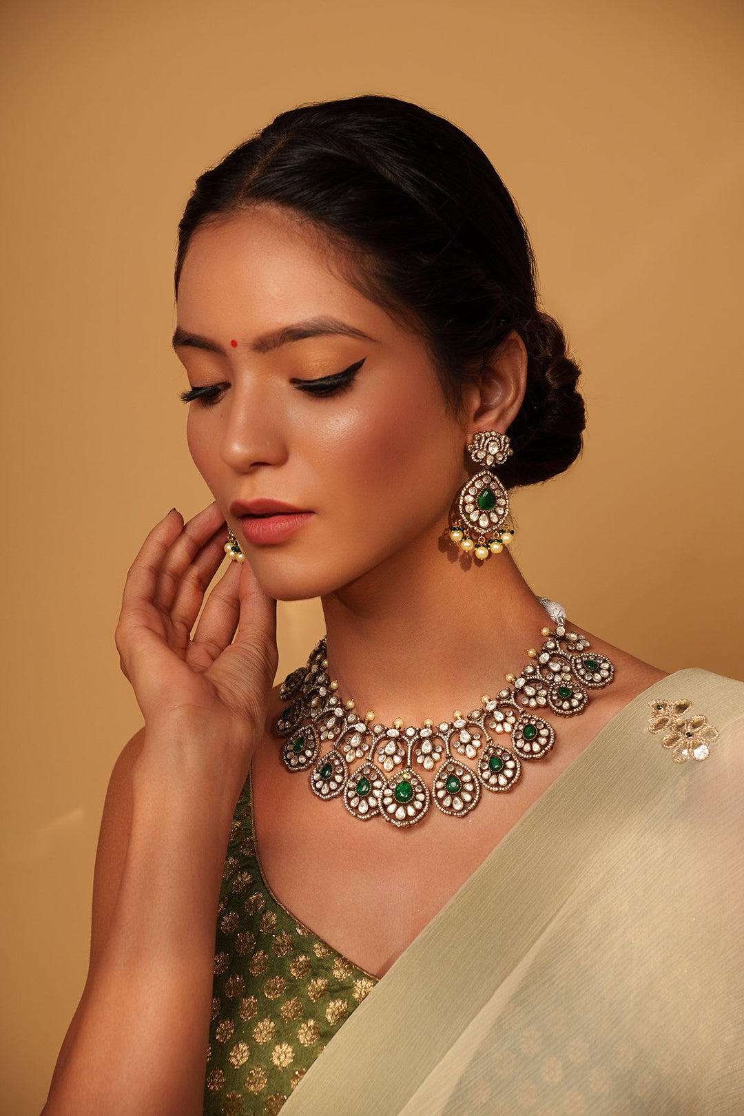 Two Tone Finish Kundan Polki Necklace Set Zevar by Geeta - Fabilicious Fashion