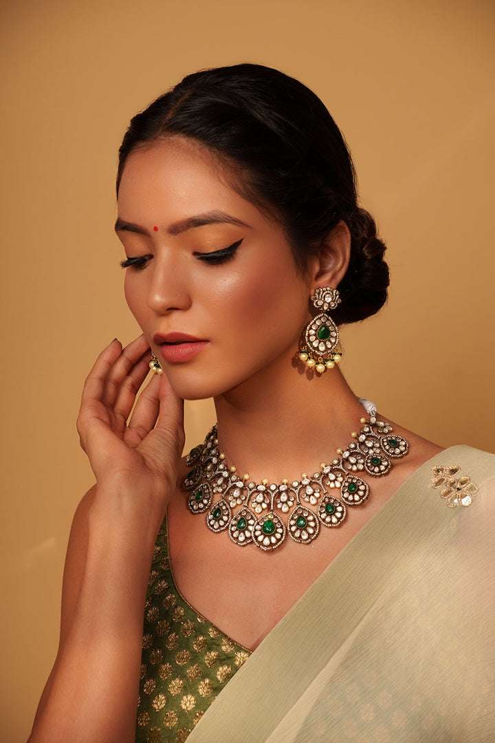Two Tone Finish Kundan Polki Necklace Set Zevar by Geeta - Fabilicious Fashion