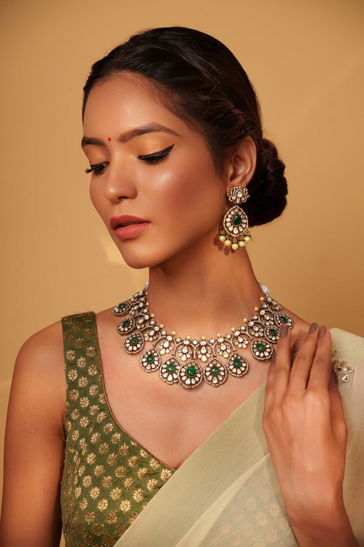 Two Tone Finish Kundan Polki Necklace Set Zevar by Geeta - Fabilicious Fashion