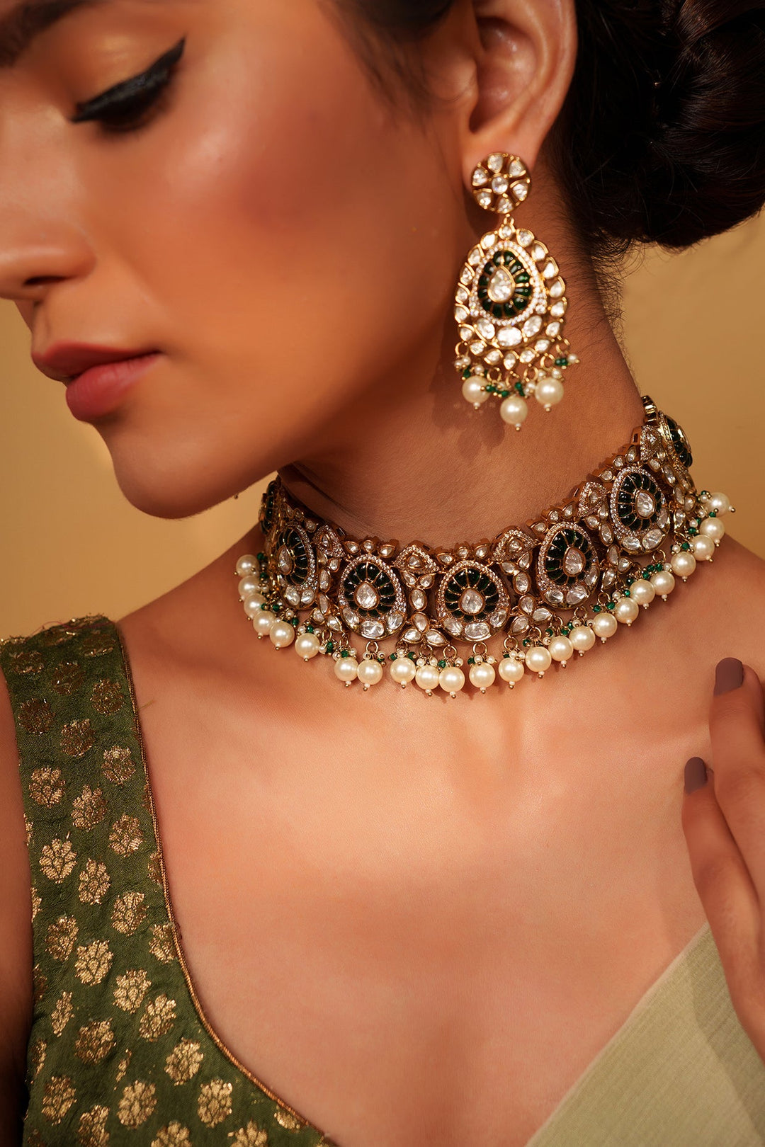 Two Tone Finish Kundan Polki Studded Choker Set Zevar by Geeta - Fabilicious Fashion