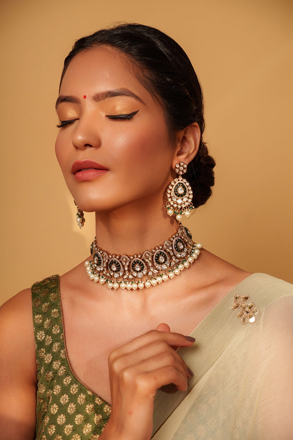 Two Tone Finish Kundan Polki Studded Choker Set Zevar by Geeta - Fabilicious Fashion