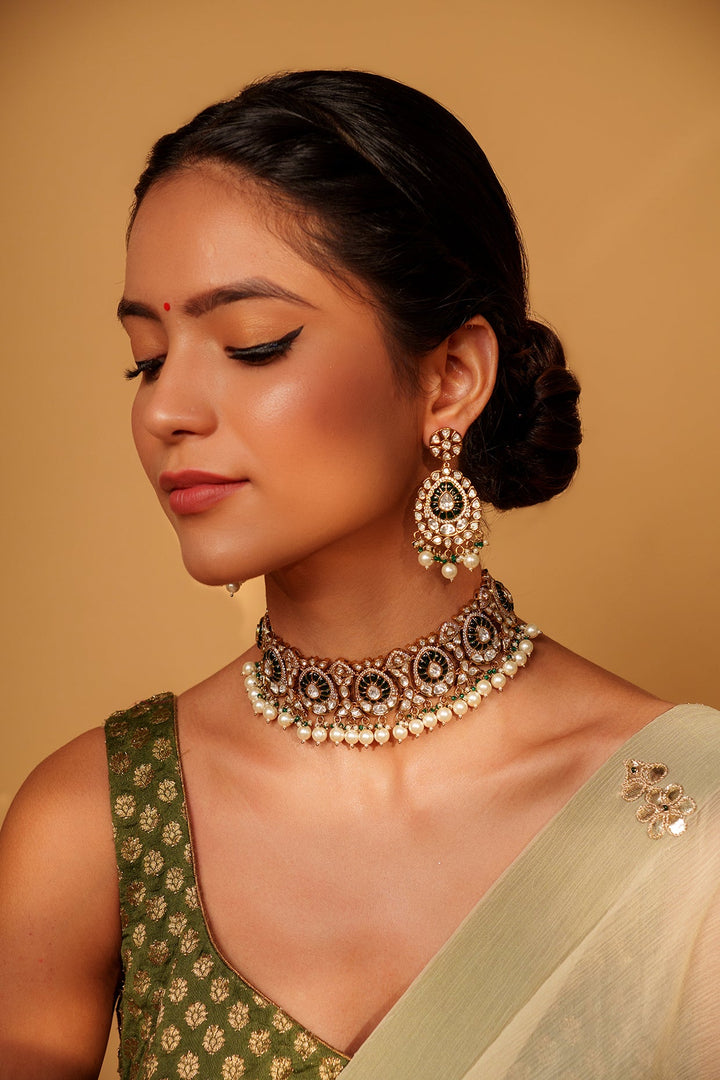 Two Tone Finish Kundan Polki Studded Choker Set Zevar by Geeta - Fabilicious Fashion