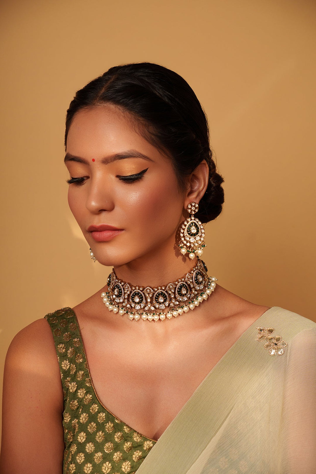 Two Tone Finish Kundan Polki Studded Choker Set Zevar by Geeta - Fabilicious Fashion