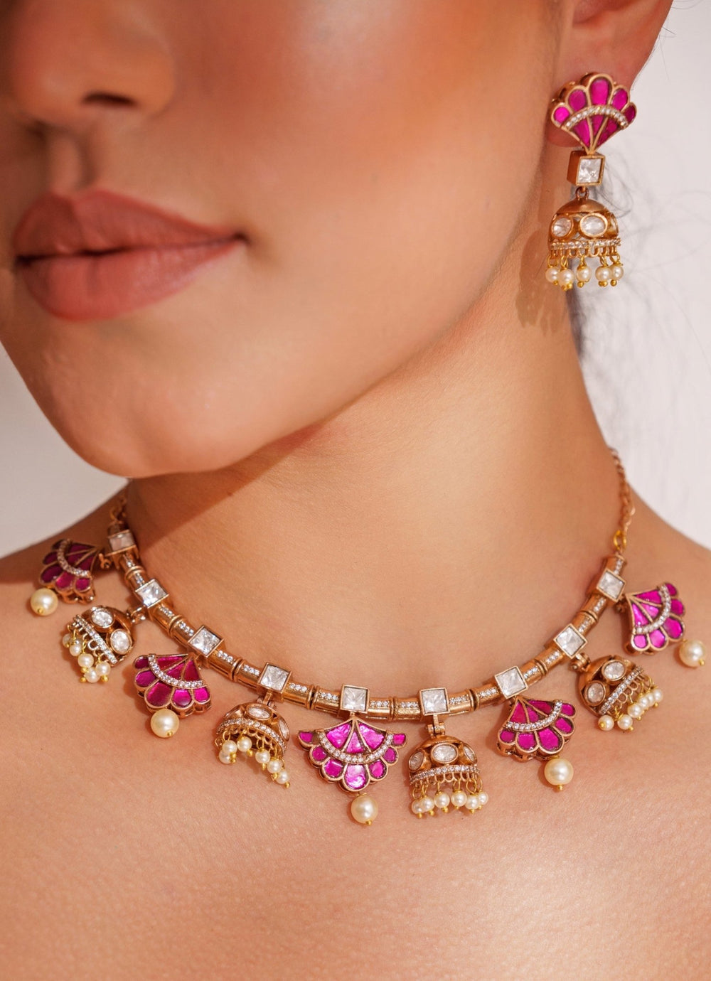 Two Tone Finish Necklace Set With Pink Stones Zevar by Geeta - Fabilicious Fashion