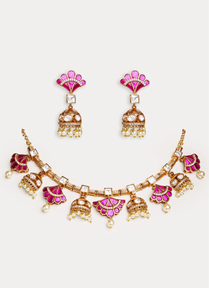 Two Tone Finish Necklace Set With Pink Stones Zevar by Geeta - Fabilicious Fashion