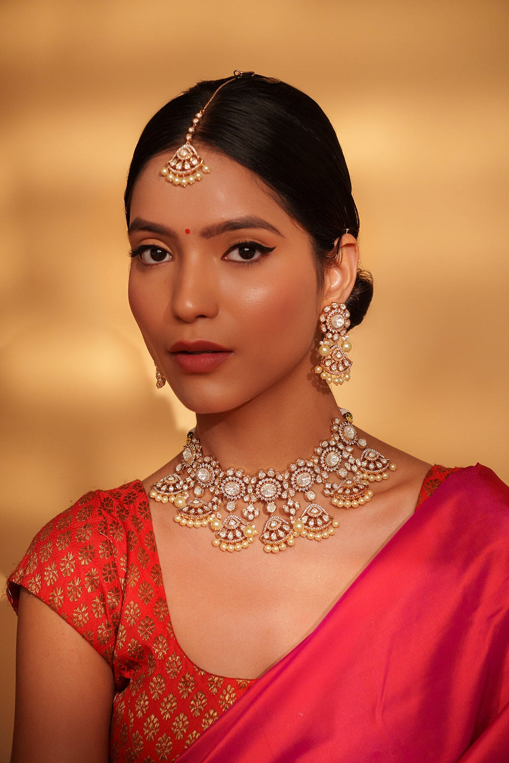 Two Tone Kundan Polki And Pearl Choker Set With Maang Tikka Zevar by Geeta - Fabilicious Fashion
