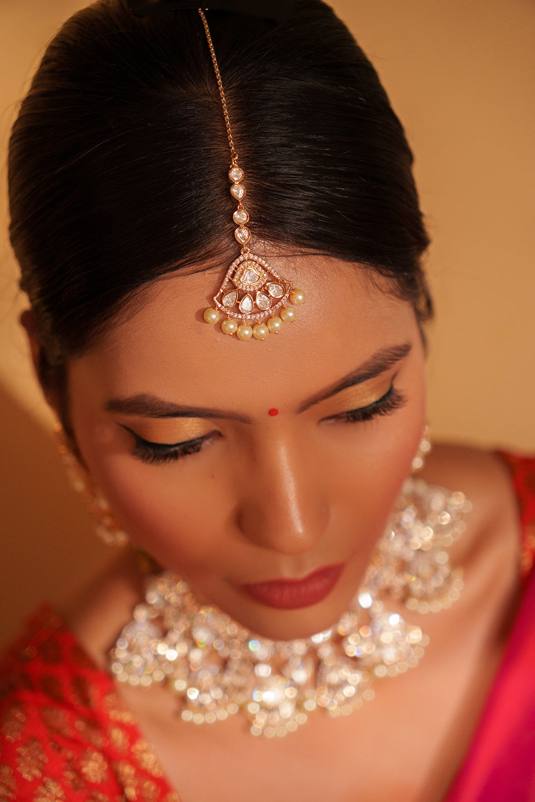 Two Tone Kundan Polki And Pearl Choker Set With Maang Tikka Zevar by Geeta - Fabilicious Fashion