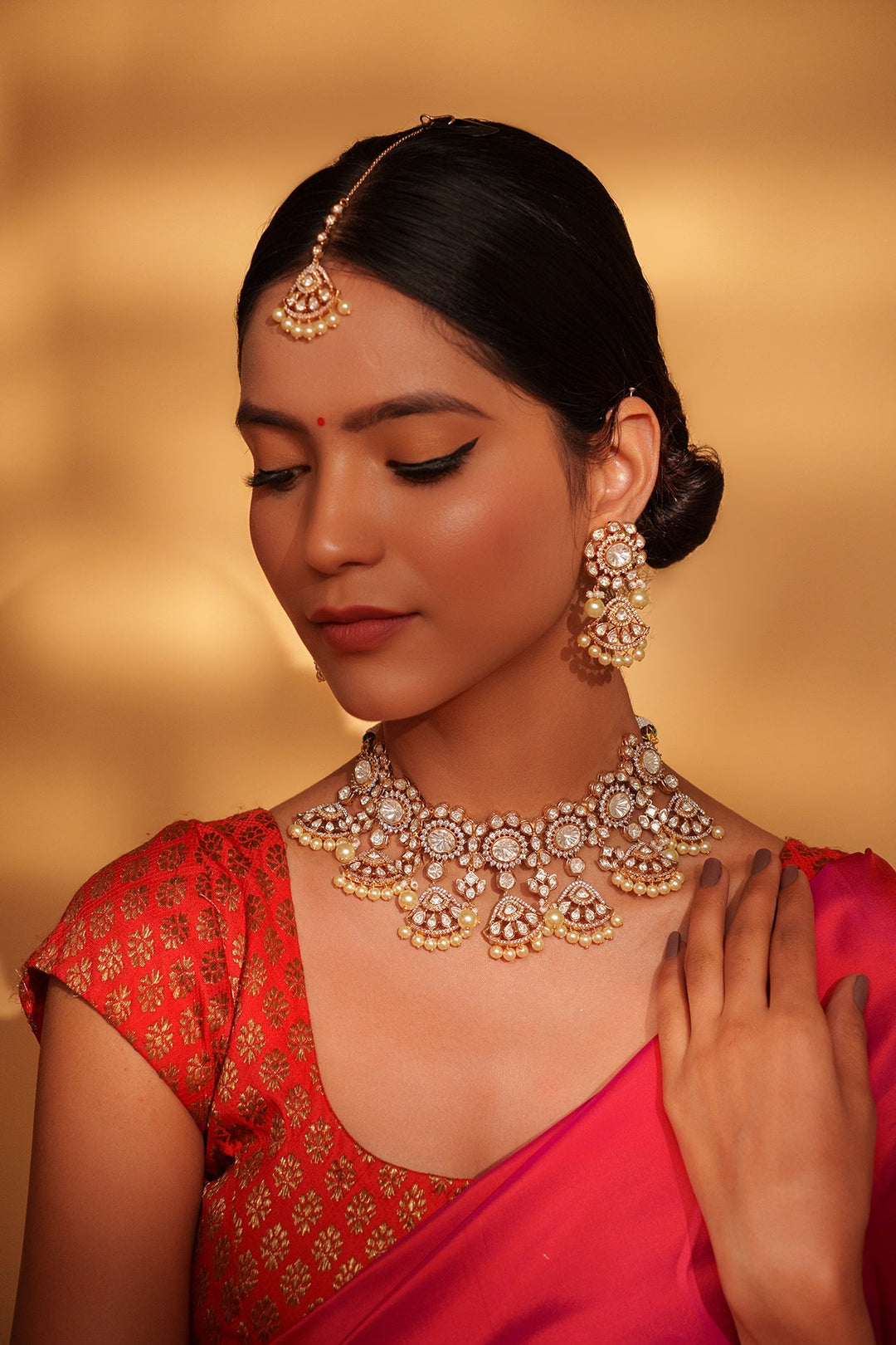 Two Tone Kundan Polki And Pearl Choker Set With Maang Tikka Zevar by Geeta - Fabilicious Fashion