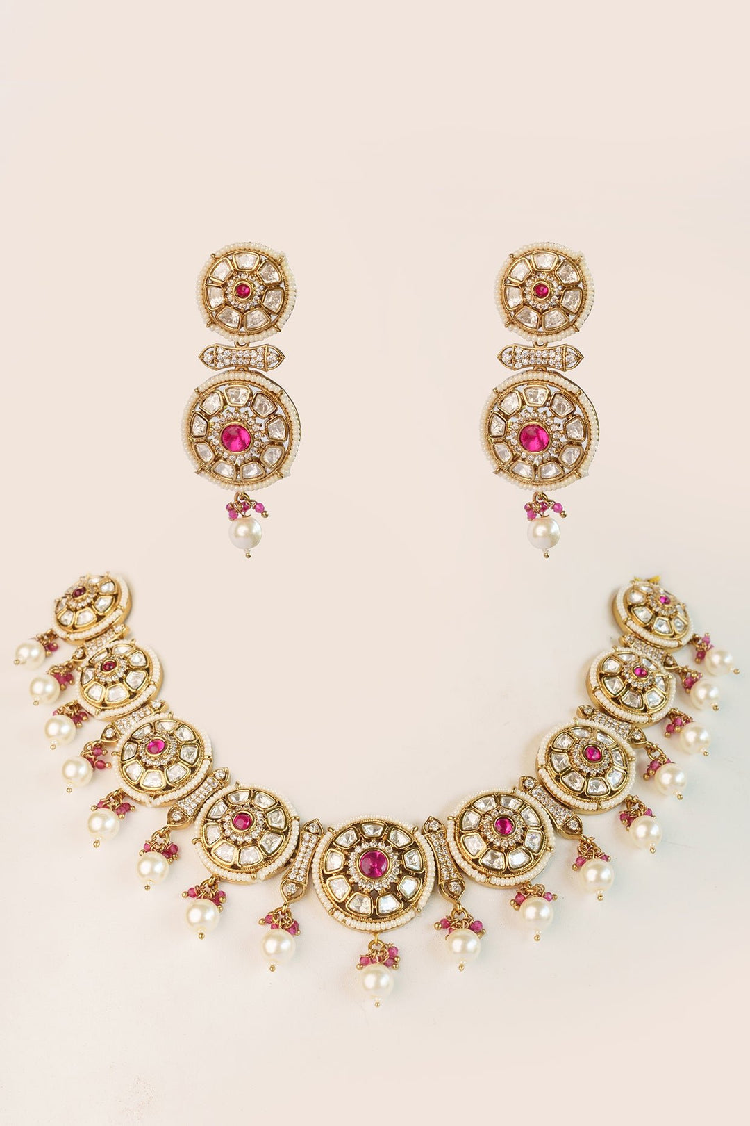 Two Tone Kundan Polki And Red Stone Necklace Set Zevar by Geeta - Fabilicious Fashion