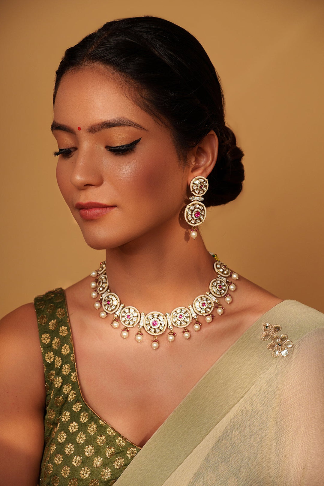 Two Tone Kundan Polki And Red Stone Necklace Set Zevar by Geeta - Fabilicious Fashion