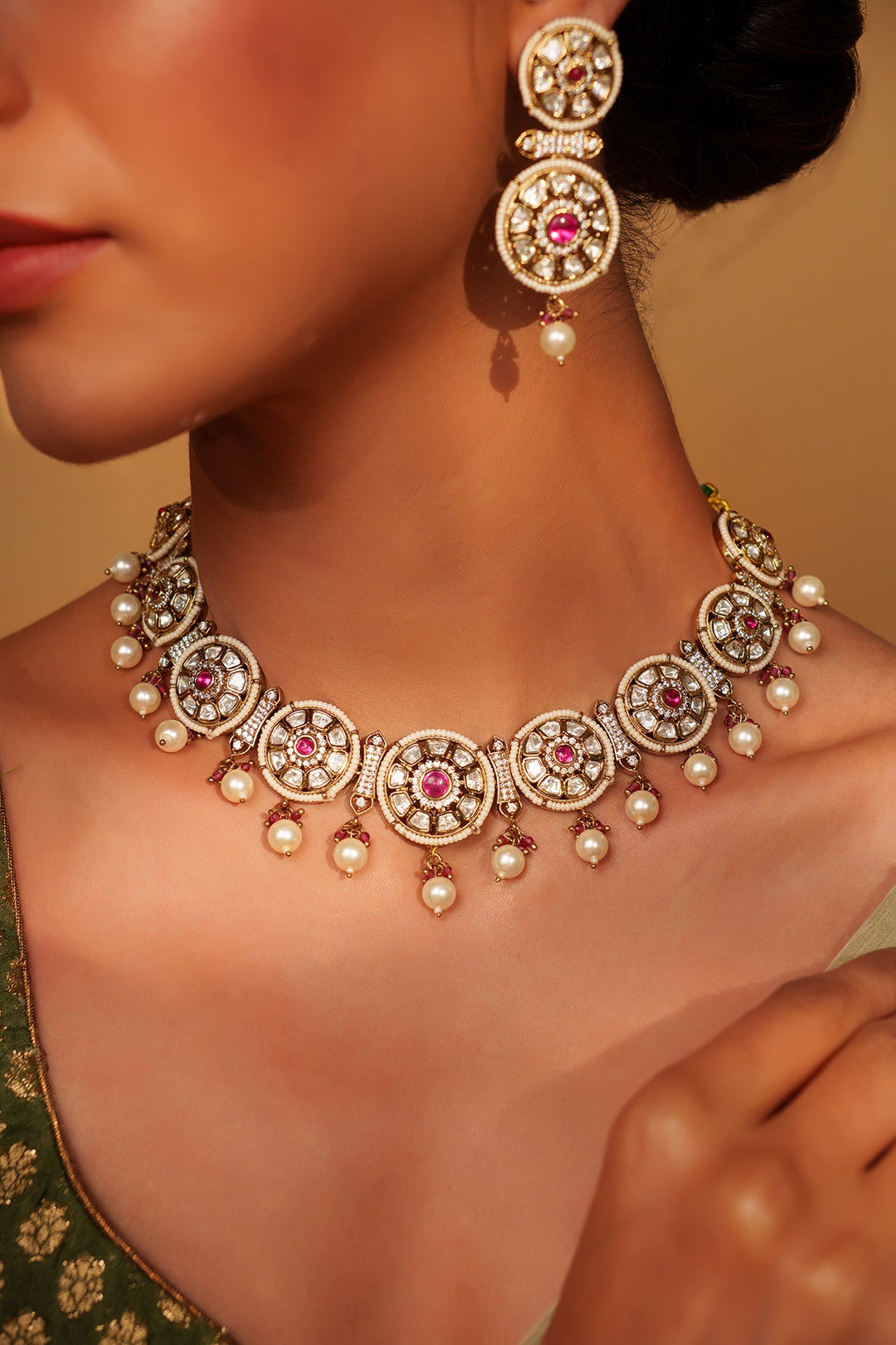 Two Tone Kundan Polki And Red Stone Necklace Set Zevar by Geeta - Fabilicious Fashion