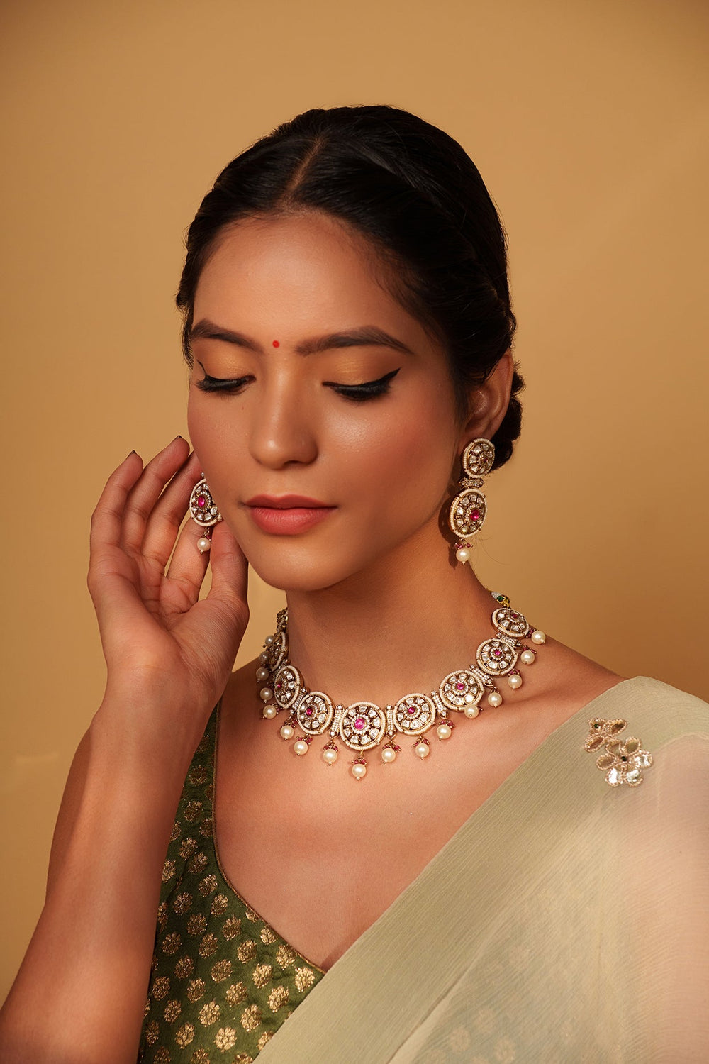 Two Tone Kundan Polki And Red Stone Necklace Set Zevar by Geeta - Fabilicious Fashion