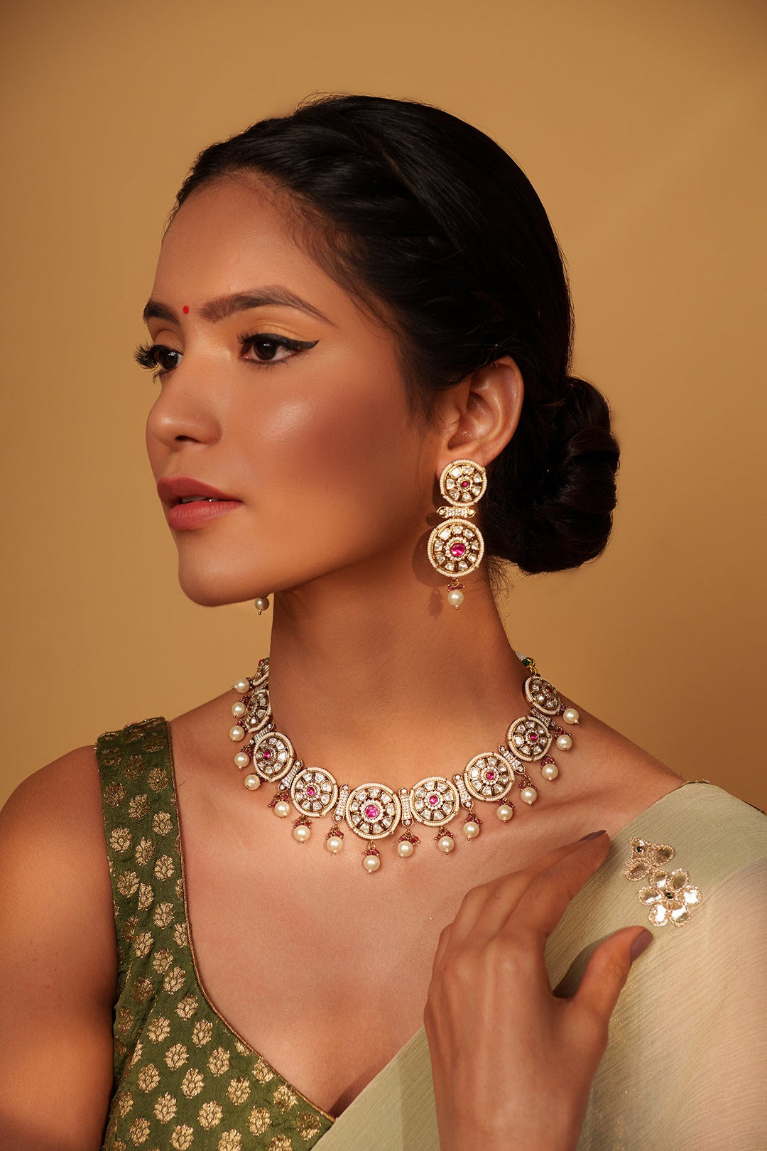 Two Tone Kundan Polki And Red Stone Necklace Set Zevar by Geeta - Fabilicious Fashion