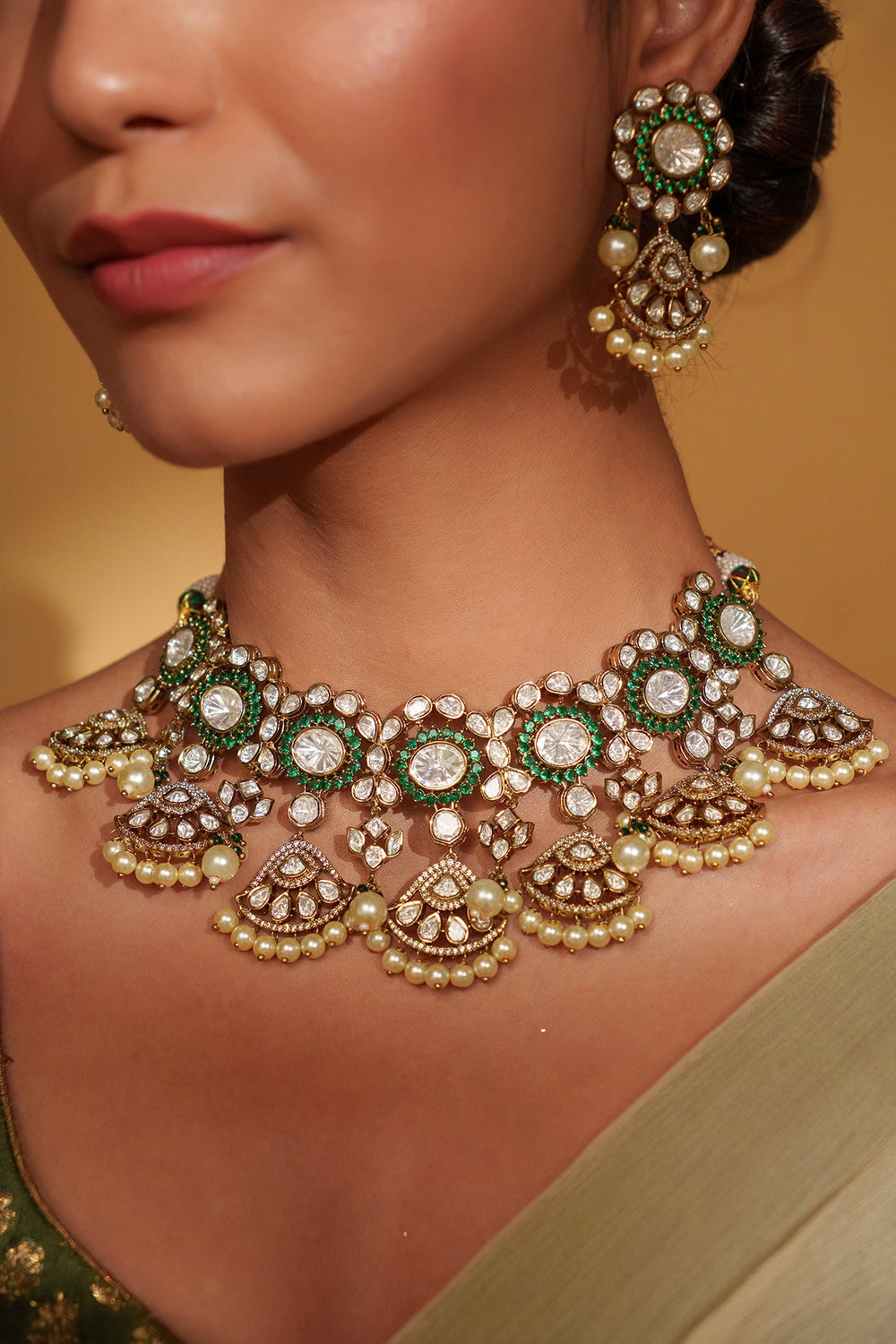 Two Tone Kundan Polki Bridal Choker Set With Maang Tikka Zevar by Geeta - Fabilicious Fashion