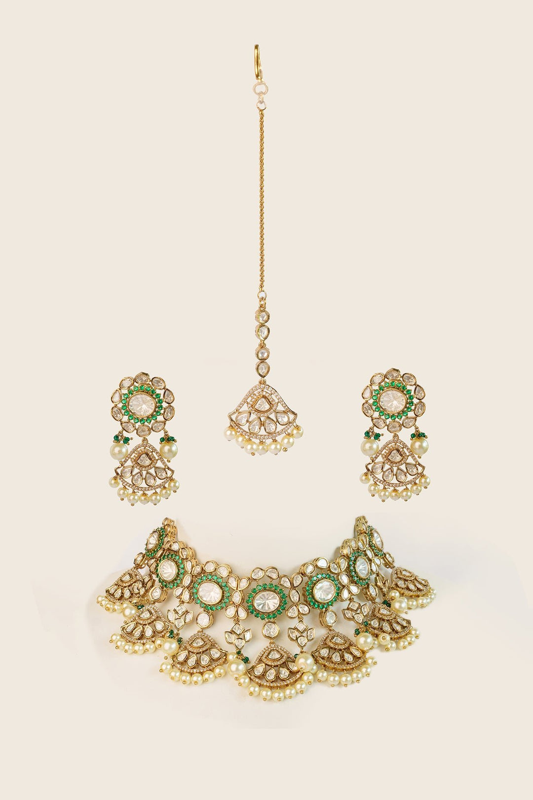 Two Tone Kundan Polki Bridal Choker Set With Maang Tikka Zevar by Geeta - Fabilicious Fashion
