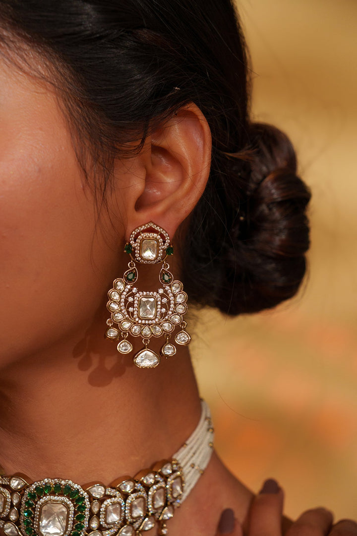 Two Tone Kundan Polki Drop Choker Set With Maang Tikka Zevar by Geeta - Fabilicious Fashion