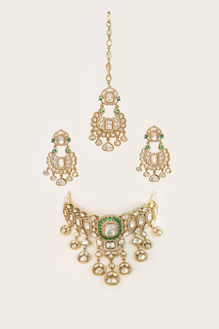 Two Tone Kundan Polki Drop Choker Set With Maang Tikka Zevar by Geeta - Fabilicious Fashion