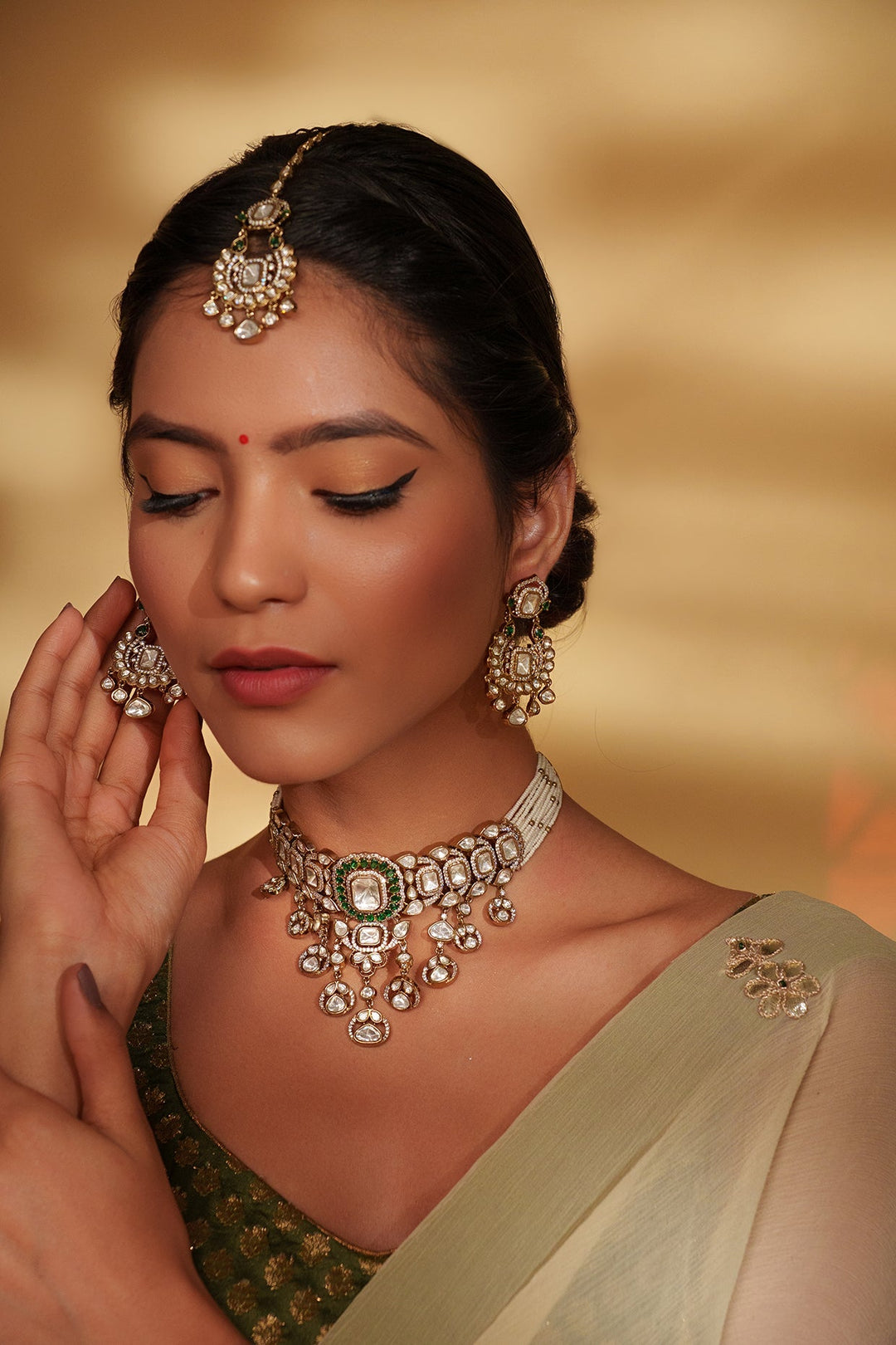 Two Tone Kundan Polki Drop Choker Set With Maang Tikka Zevar by Geeta - Fabilicious Fashion