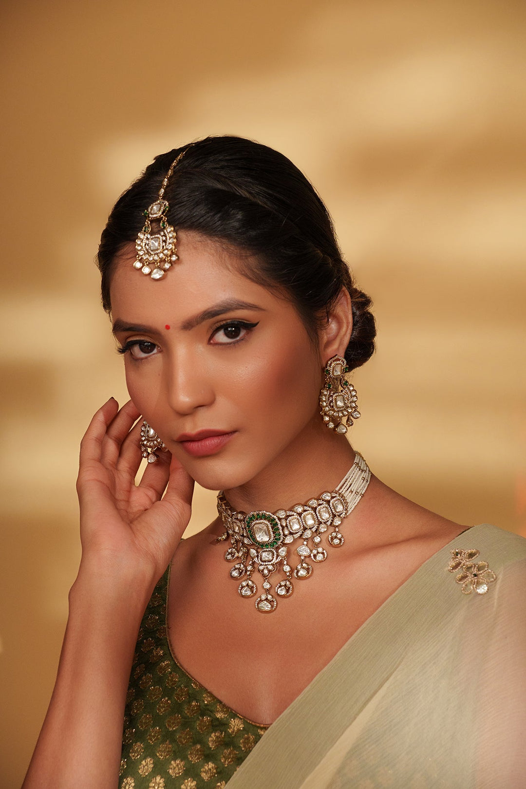 Two Tone Kundan Polki Drop Choker Set With Maang Tikka Zevar by Geeta - Fabilicious Fashion
