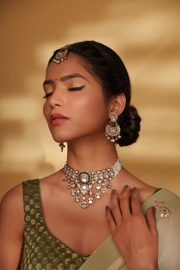 Two Tone Kundan Polki Drop Choker Set With Maang Tikka